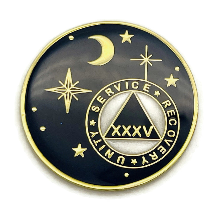 35 Year Rocketed to 4th Dimension Specialty AA Recovery Medallion - Tri-Plated Thirty-Five Year Chip/Coin - Blue