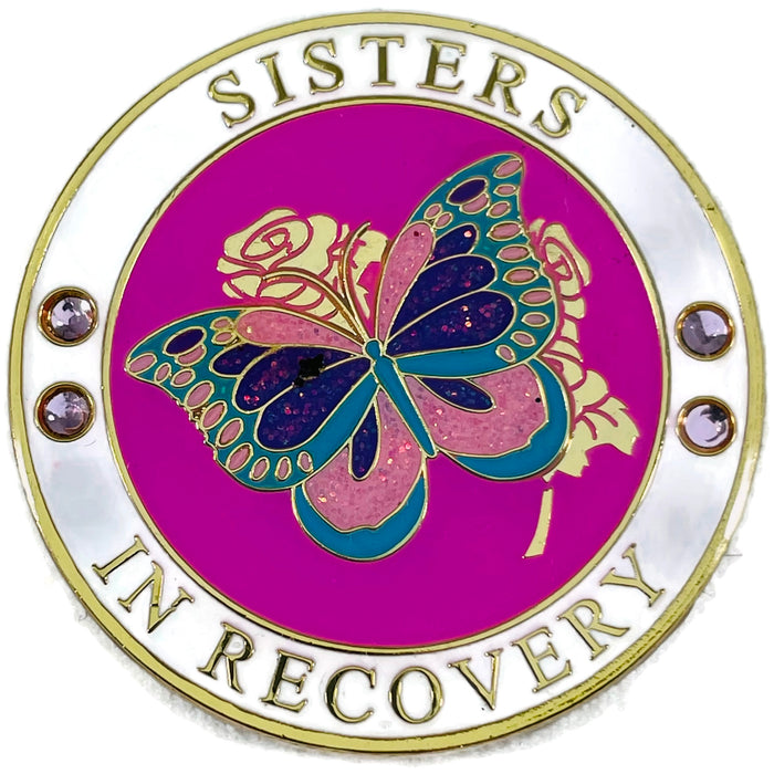 Sisters in Recovery Specialty AA/NA Butterfly Medallion - Pink/White/Gold