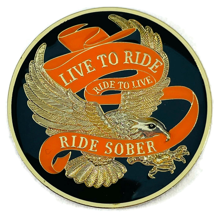 Live to Ride, Ride to Live, Ride Sober AA Recovery Medallion - Black/Gold