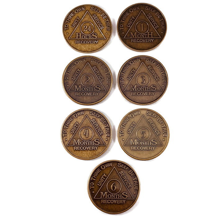 Recovery Mint 24 Hours to 6 Months Bronze AA Meeting Chips Set - Newcomer Monthly Sobriety Coins/Tokens