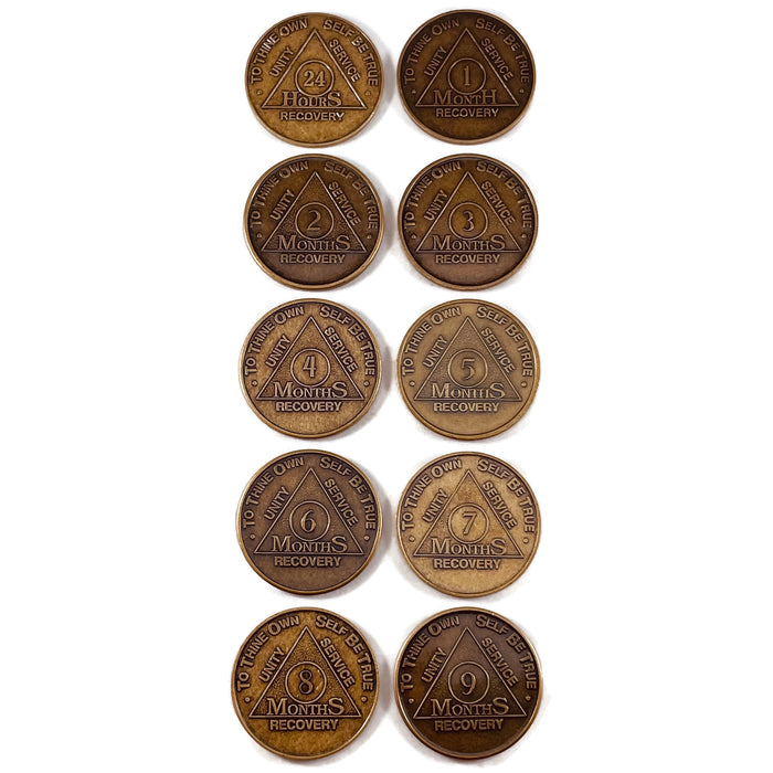 Recovery Mint 24 Hours to 9 Months Bronze AA Meeting Chips Set - Newcomer Monthly Sobriety Coins/Tokens