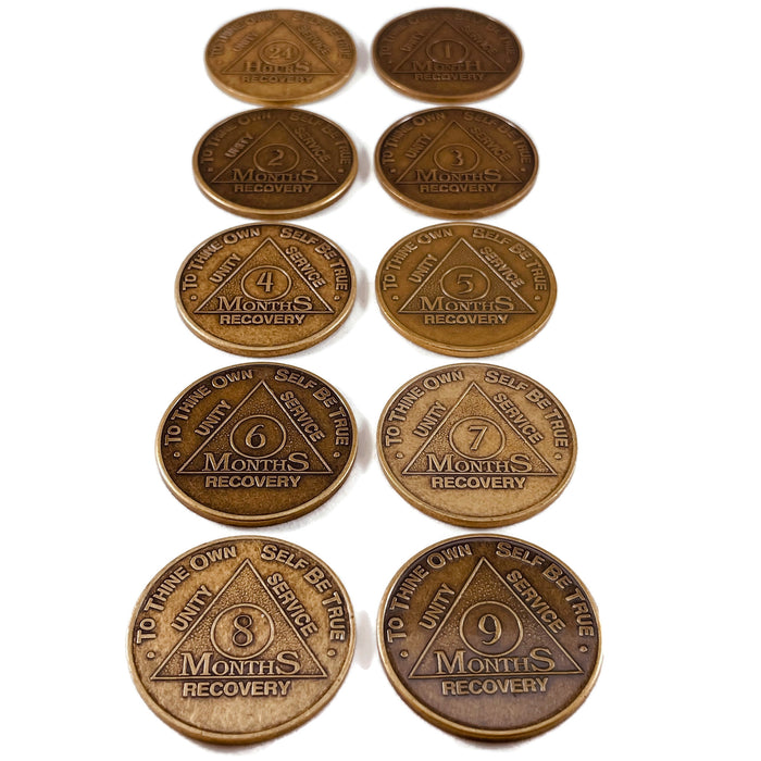 Recovery Mint 24 Hours to 9 Months Bronze AA Meeting Chips Set - Newcomer Monthly Sobriety Coins/Tokens