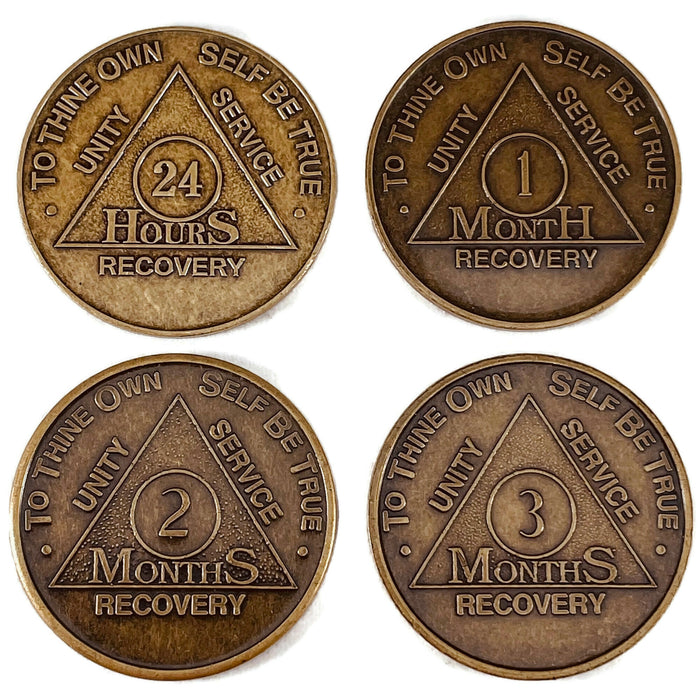 Recovery Mint 24 Hours to 3 Months Bronze AA Meeting Chips Set - Newcomer Monthly Sobriety Coins/Tokens