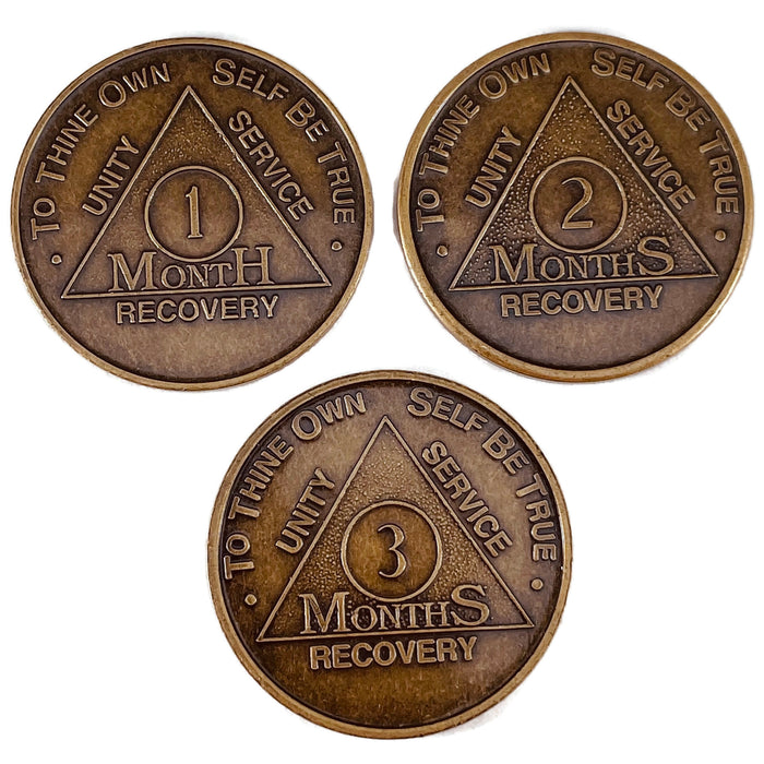 Recovery Mint 1 to 3 Months Bronze AA Meeting Chips Set - Newcomer Monthly Sobriety Coins/Tokens