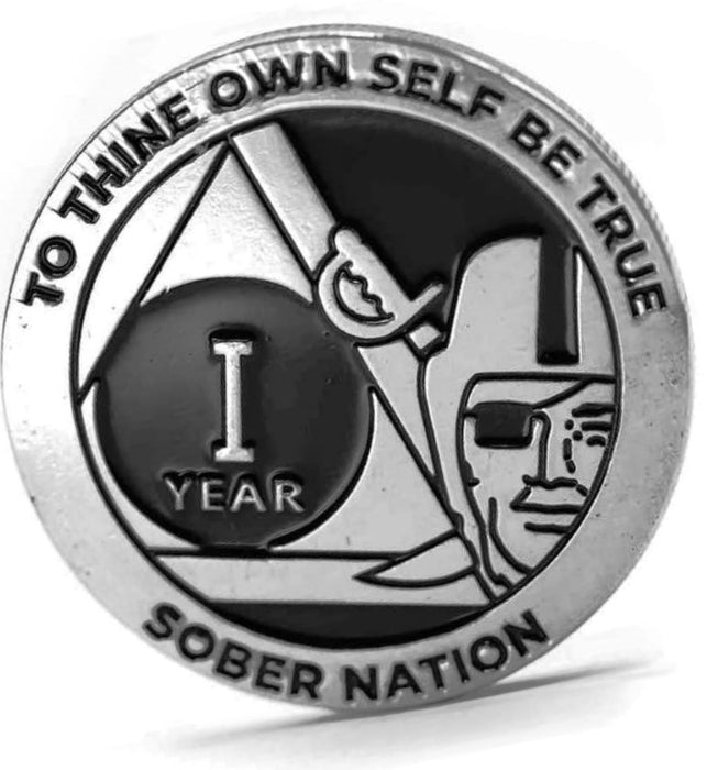 1 Year Raider Sober Nation AA/NA Recovery Medallion - 40mm Fancy Chip/Coin - Black/Silver