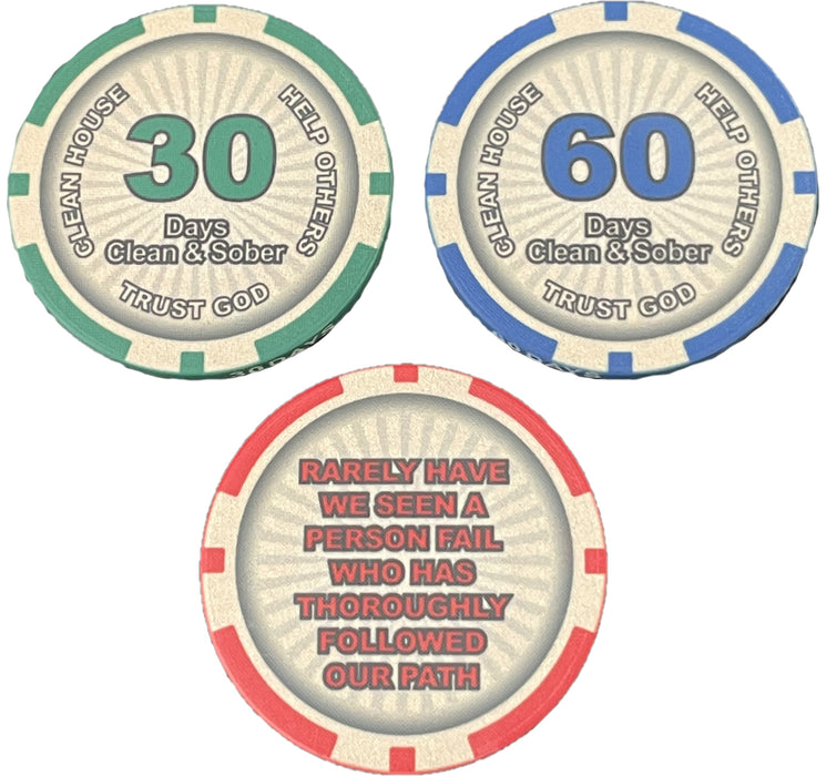 Poker Chip Style Sobriety Chips - Newcomer Coins - 30, 60, 90 Days Set