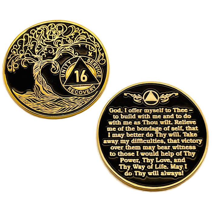 16 Year Sobriety Mint Twisted Tree of Life Gold Plated AA Recovery Medallion - Sixteen Year Chip/Coin - Black + Velvet Case