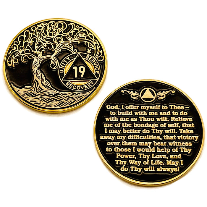19 Year Sobriety Mint Twisted Tree of Life Gold Plated AA Recovery Medallion - Nineteen Year Chip/Coin - Black + Velvet Case