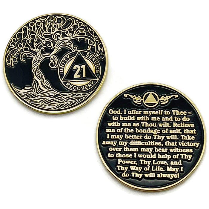 21 Year Sobriety Mint Twisted Tree of Life Gold Plated AA Recovery Medallion - Twenty-One Year Chip/Coin - Black + Velvet Case