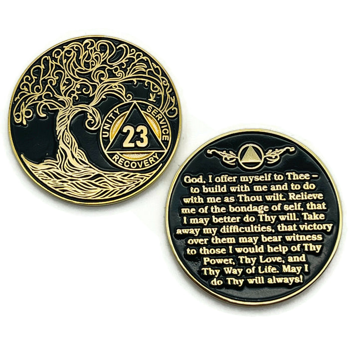 23 Year Sobriety Mint Twisted Tree of Life Gold Plated AA Recovery Medallion - Twenty-Three Year Chip/Coin - Black + Velvet Case
