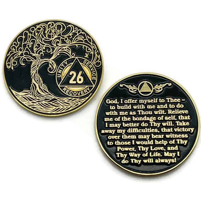 26 Year Sobriety Mint Twisted Tree of Life Gold Plated AA Recovery Medallion - Twenty-Six Year Chip/Coin - Black + Velvet Case