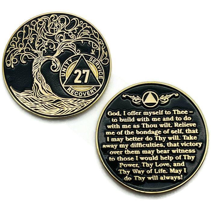 27 Year Sobriety Mint Twisted Tree of Life Gold Plated AA Recovery Medallion - Twenty-Seven Year Chip/Coin - Black + Velvet Case