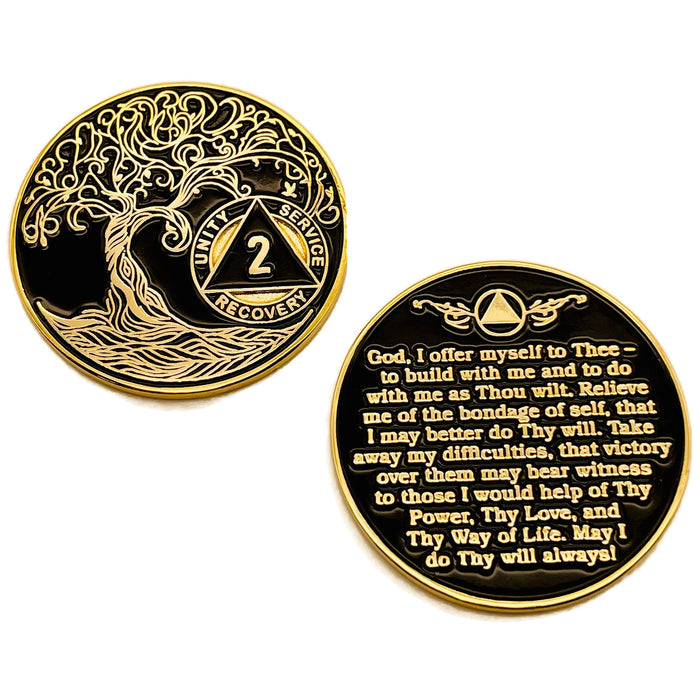 2 Year Sobriety Mint Twisted Tree of Life Gold Plated AA Recovery Medallion - Two Year Chip/Coin - Black + Velvet Case