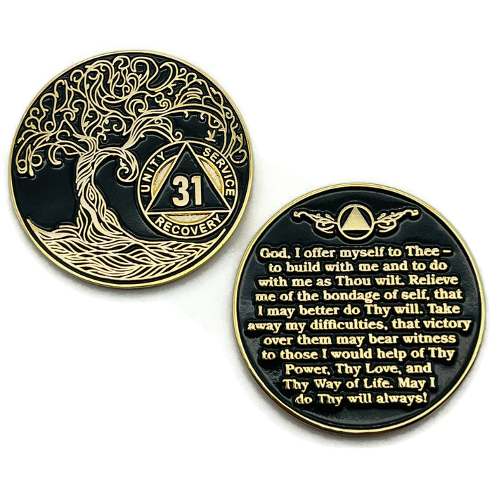 31 Year Sobriety Mint Twisted Tree of Life Gold Plated AA Recovery Medallion - Thirty-One Year Chip/Coin - Black + Velvet Case