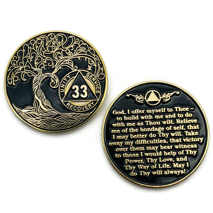 33 Year Sobriety Mint Twisted Tree of Life Gold Plated AA Recovery Medallion - Thirty-Three Year Chip/Coin - Black + Velvet Case