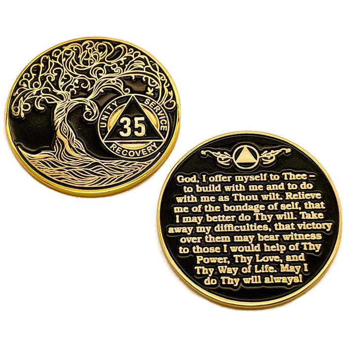 35 Year Sobriety Mint Twisted Tree of Life Gold Plated AA Recovery Medallion - Thirty-Five Year Chip/Coin - Black + Velvet Case