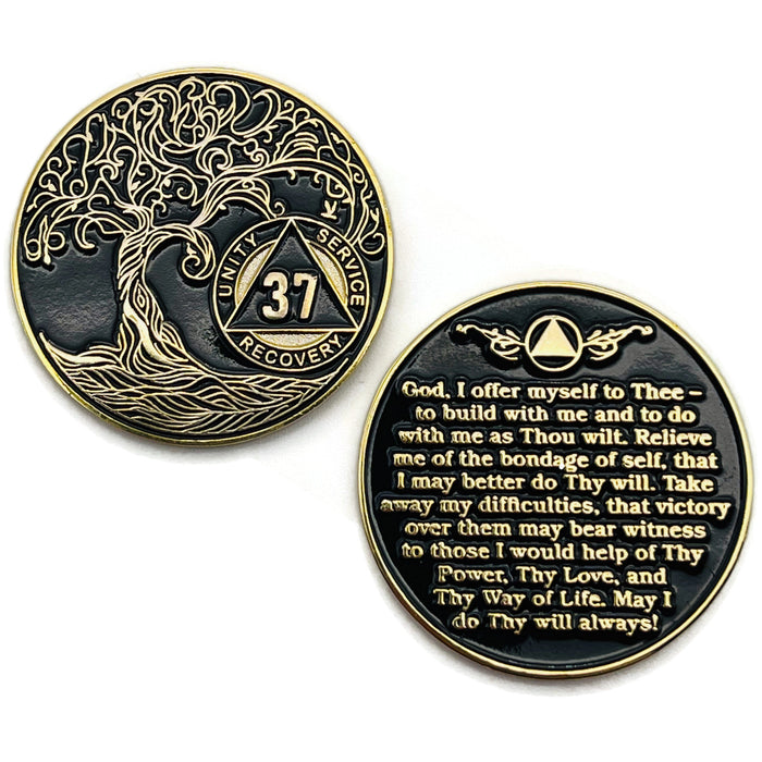 37 Year Sobriety Mint Twisted Tree of Life Gold Plated AA Recovery Medallion - Thirty-Seven Year Chip/Coin - Black + Velvet Case