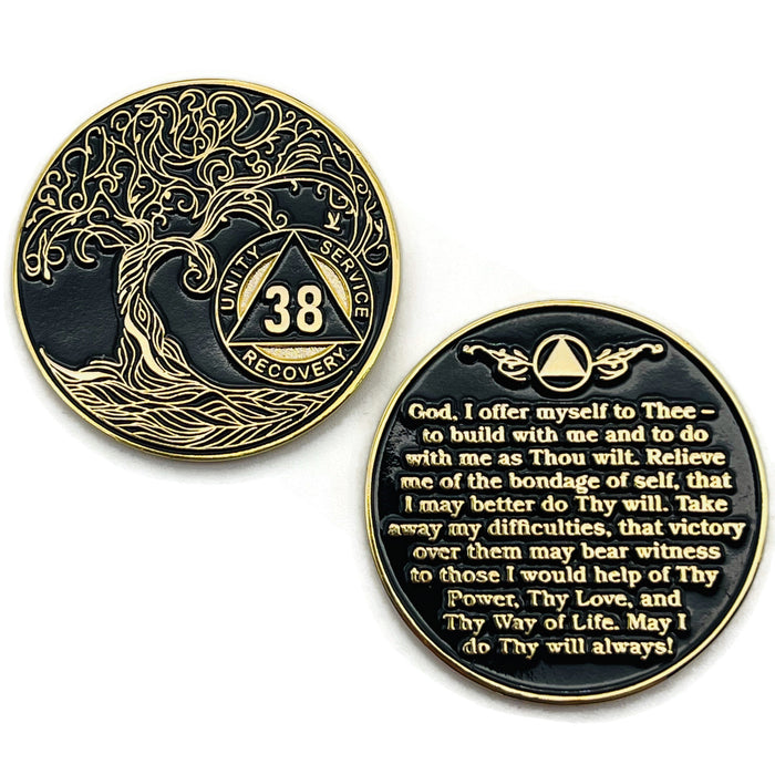 38 Year Sobriety Mint Twisted Tree of Life Gold Plated AA Recovery Medallion - Thirty-Eight Year Chip/Coin - Black + Velvet Case