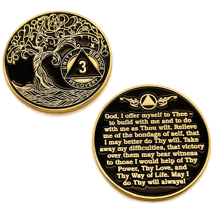 3 Year Sobriety Mint Twisted Tree of Life Gold Plated AA Recovery Medallion - Three Year Chip/Coin - Black + Velvet Case