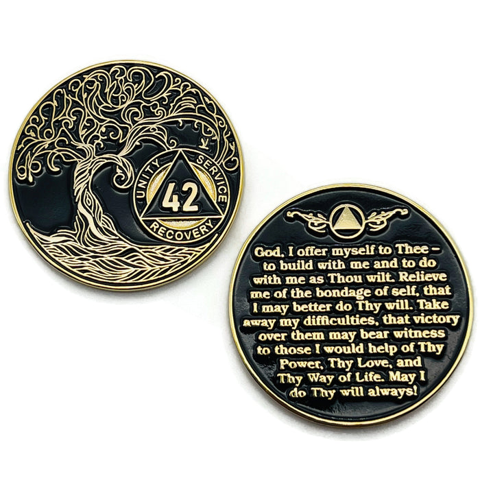 42 Year Sobriety Mint Twisted Tree of Life Gold Plated AA Recovery Medallion - Forty-Two Year Chip/Coin - Black + Velvet Case