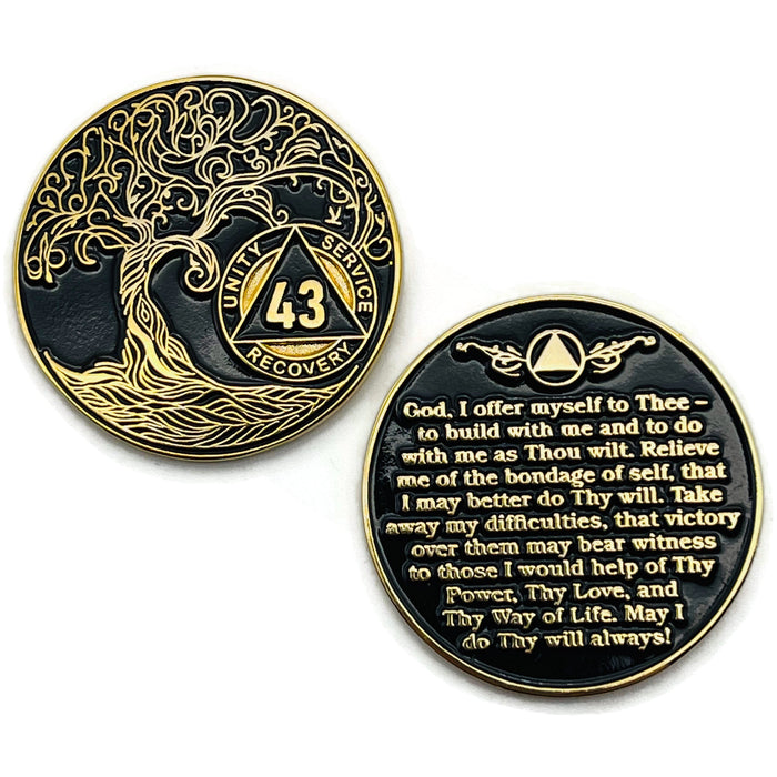 43 Year Sobriety Mint Twisted Tree of Life Gold Plated AA Recovery Medallion - Forty-Three Year Chip/Coin - Black + Velvet Case