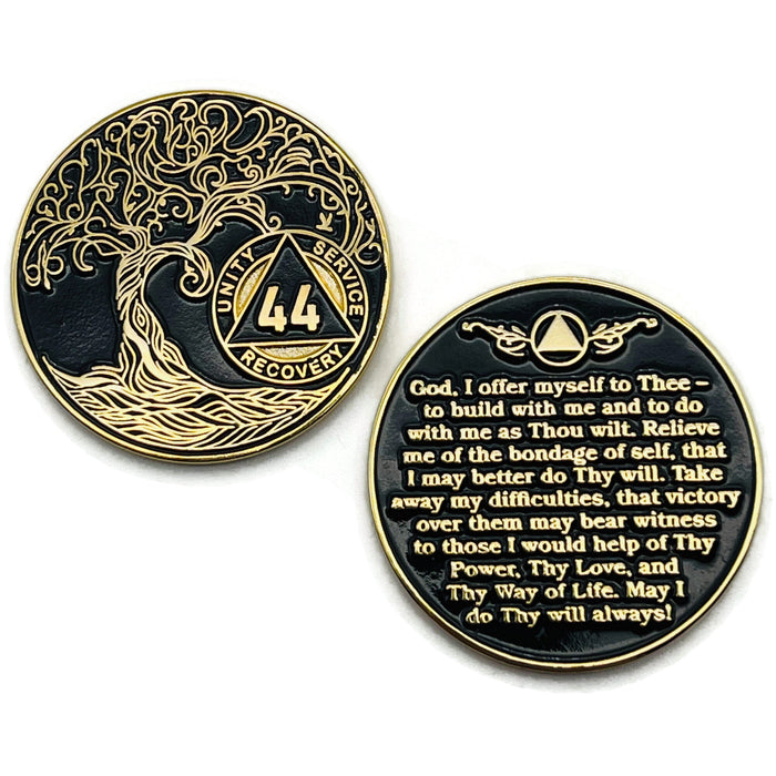 44 Year Sobriety Mint Twisted Tree of Life Gold Plated AA Recovery Medallion - Forty-Four Year Chip/Coin - Black + Velvet Case