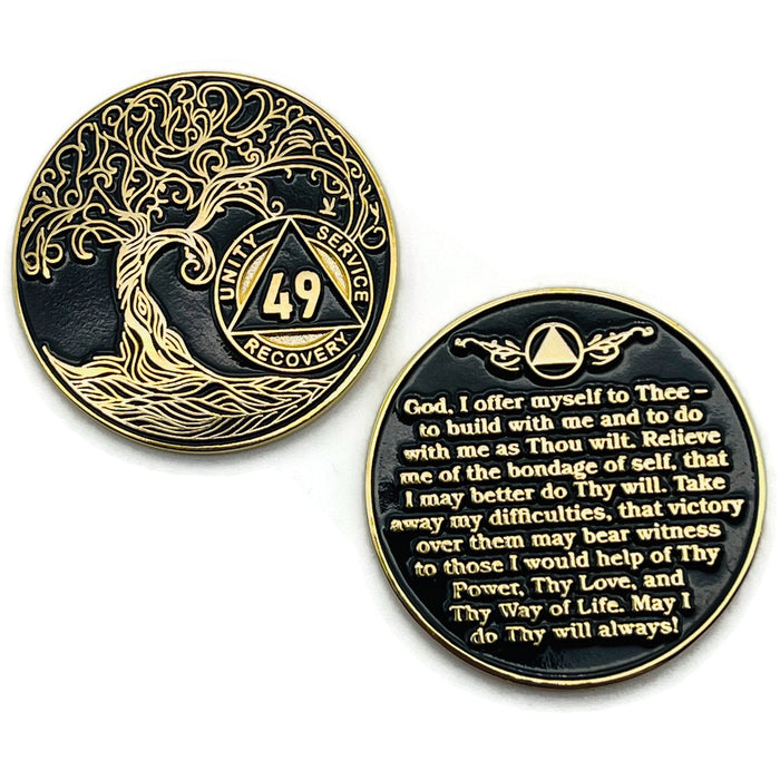 49 Year Sobriety Mint Twisted Tree of Life Gold Plated AA Recovery Medallion - Forty-Nine Year Chip/Coin - Black + Velvet Case