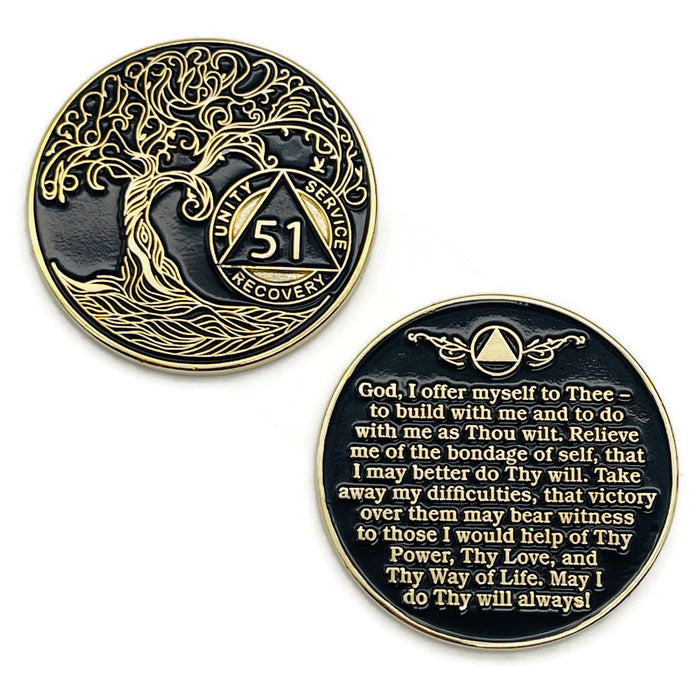 51 Year Sobriety Mint Twisted Tree of Life Gold Plated AA Recovery Medallion - Fifty One Year Chip/Coin - Black + Velvet Case