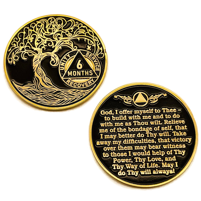 6 Month Sobriety Mint Twisted Tree of Life Gold Plated AA Recovery Medallion - Six Month Chip/Coin - Black + Velvet Case