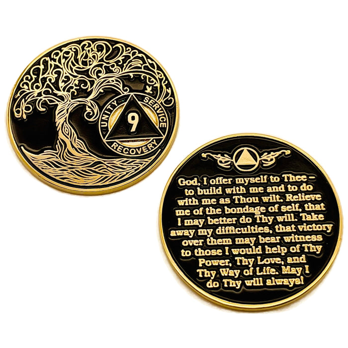 9 Year Sobriety Mint Twisted Tree of Life Gold Plated AA Recovery Medallion - Nine Year Chip/Coin - Black + Velvet Case