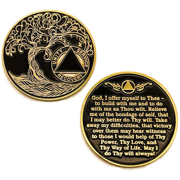 Blank Sobriety Mint Twisted Tree of Life Gold Plated AA Recovery Medallion - No Year Chip/Coin - Black + Velvet Case