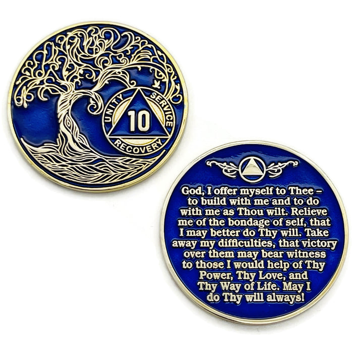 10 Year Sobriety Mint Twisted Tree of Life Gold Plated AA Recovery Medallion - Ten Year Chip/Coin - Blue + Velvet Box