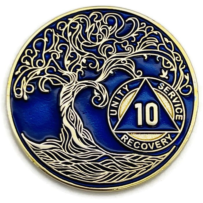 10 Year Sobriety Mint Twisted Tree of Life Gold Plated AA Recovery Medallion - Ten Year Chip/Coin - Blue + Velvet Box