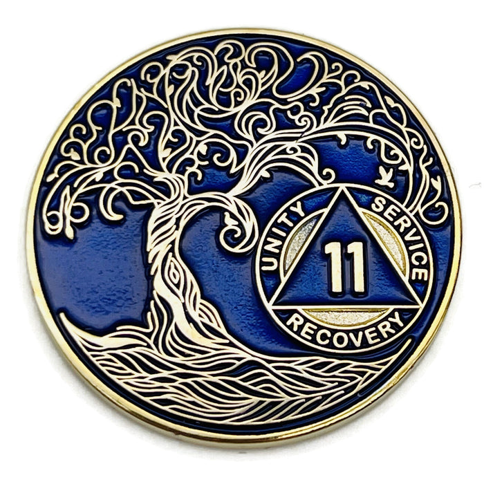 11 Year Sobriety Mint Twisted Tree of Life Gold Plated AA Recovery Medallion - Eleven Year Chip/Coin - Blue + Velvet Box