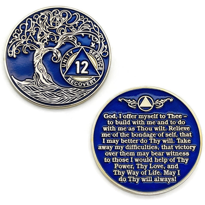 12 Year Sobriety Mint Twisted Tree of Life Gold Plated AA Recovery Medallion - Twelve Year Chip/Coin - Blue + Velvet Box