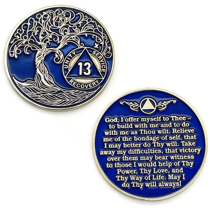 13 Year Sobriety Mint Twisted Tree of Life Gold Plated AA Recovery Medallion - Thirteen Year Chip/Coin - Blue + Velvet Box