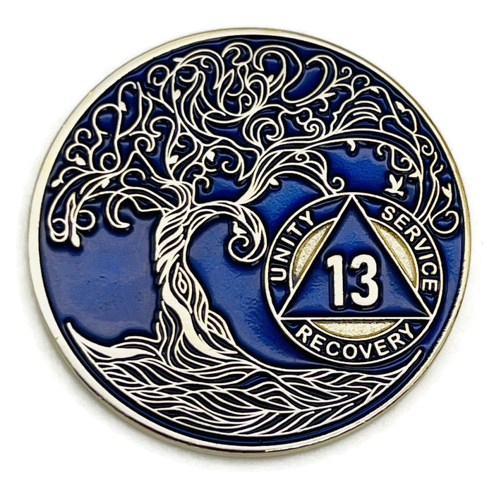 13 Year Sobriety Mint Twisted Tree of Life Gold Plated AA Recovery Medallion - Thirteen Year Chip/Coin - Blue + Velvet Box