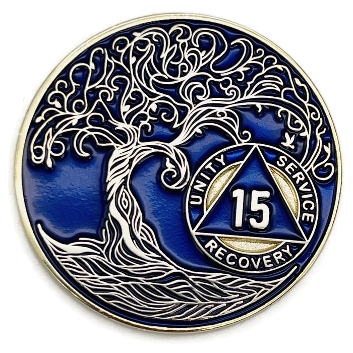 15 Year Sobriety Mint Twisted Tree of Life Gold Plated AA Recovery Medallion - Fifteen Year Chip/Coin - Blue + Velvet Box