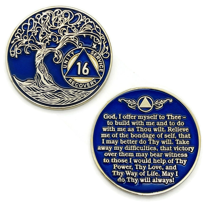 16 Year Sobriety Mint Twisted Tree of Life Gold Plated AA Recovery Medallion - Sixteen Year Chip/Coin - Blue + Velvet Box
