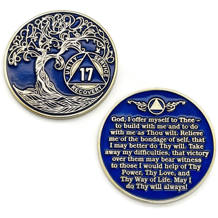 17 Year Sobriety Mint Twisted Tree of Life Gold Plated AA Recovery Medallion - Seventeen Year Chip/Coin - Blue + Velvet Box