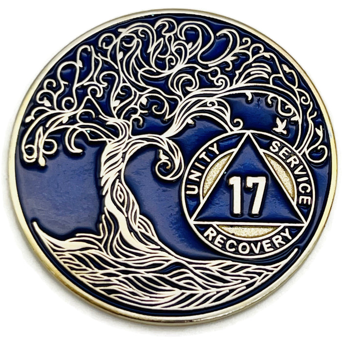 17 Year Sobriety Mint Twisted Tree of Life Gold Plated AA Recovery Medallion - Seventeen Year Chip/Coin - Blue + Velvet Box