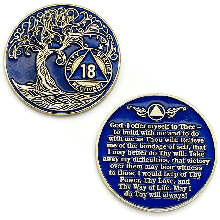 18 Year Sobriety Mint Twisted Tree of Life Gold Plated AA Recovery Medallion - Eighteen Year Chip/Coin - Blue + Velvet Box
