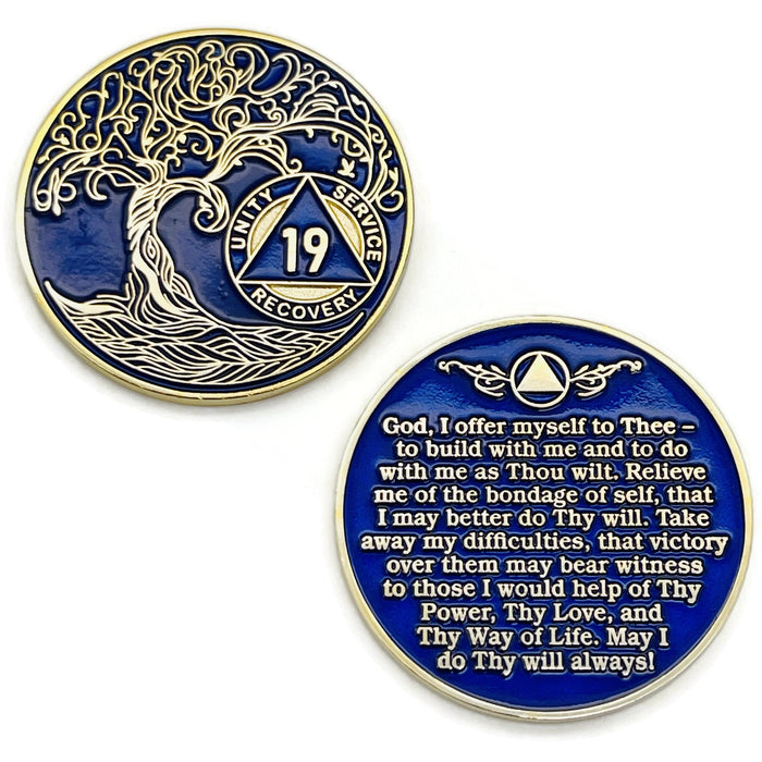 19 Year Sobriety Mint Twisted Tree of Life Gold Plated AA Recovery Medallion - Nineteen Year Chip/Coin - Blue + Velvet Box