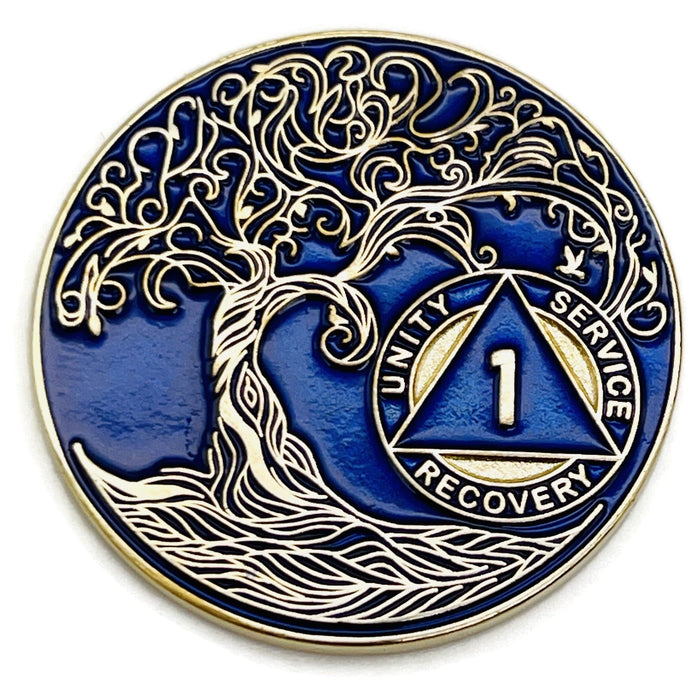 1 Year Sobriety Mint Twisted Tree of Life Gold Plated AA Recovery Medallion - One Year Chip/Coin - Blue + Velvet Box