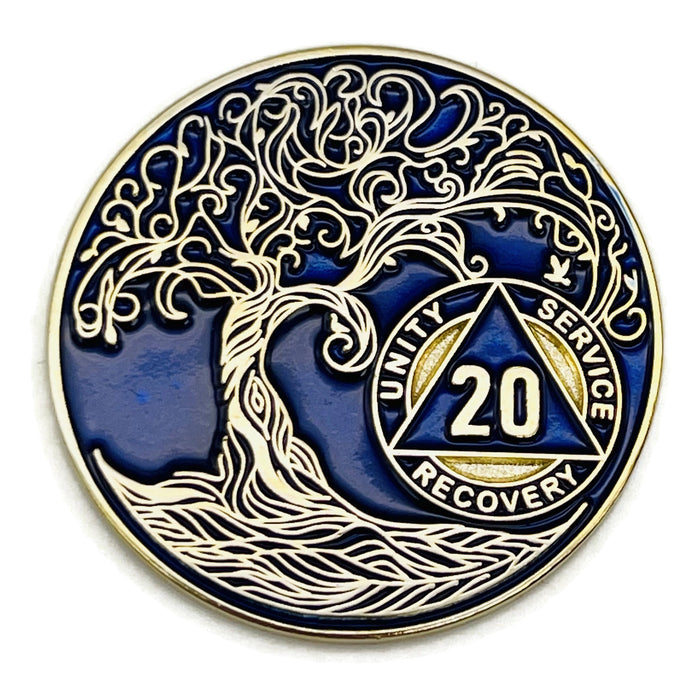 20 Year Sobriety Mint Twisted Tree of Life Gold Plated AA Recovery Medallion - Twenty Year Chip/Coin - Blue + Velvet Box