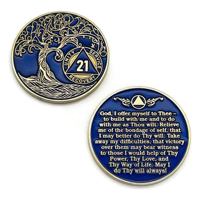 21 Year Sobriety Mint Twisted Tree of Life Gold Plated AA Recovery Medallion - Twenty One Year Chip/Coin - Blue + Velvet Box