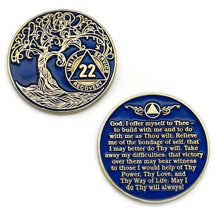22 Year Sobriety Mint Twisted Tree of Life Gold Plated AA Recovery Medallion - Twenty Two Year Chip/Coin - Blue + Velvet Box