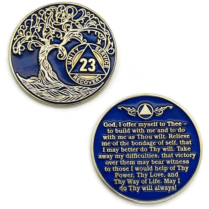 23 Year Sobriety Mint Twisted Tree of Life Gold Plated AA Recovery Medallion - Twenty Three Year Chip/Coin - Blue + Velvet Box