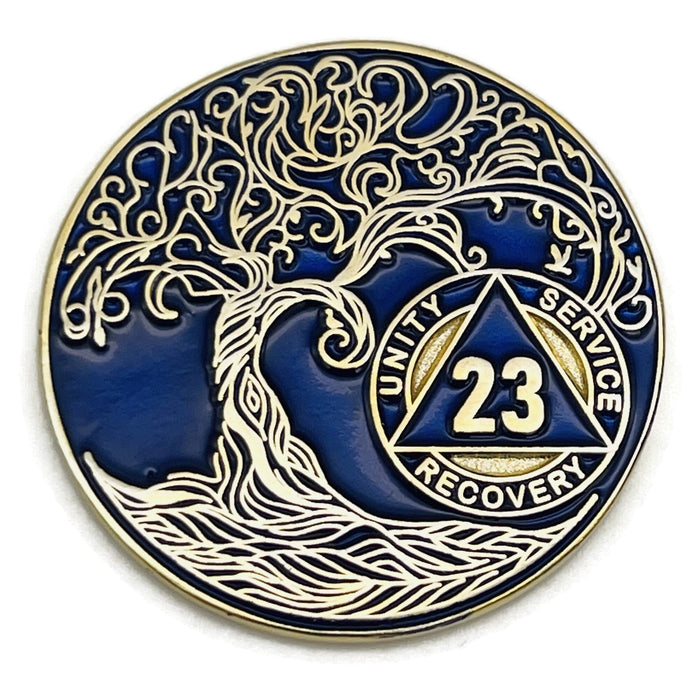 23 Year Sobriety Mint Twisted Tree of Life Gold Plated AA Recovery Medallion - Twenty Three Year Chip/Coin - Blue + Velvet Box