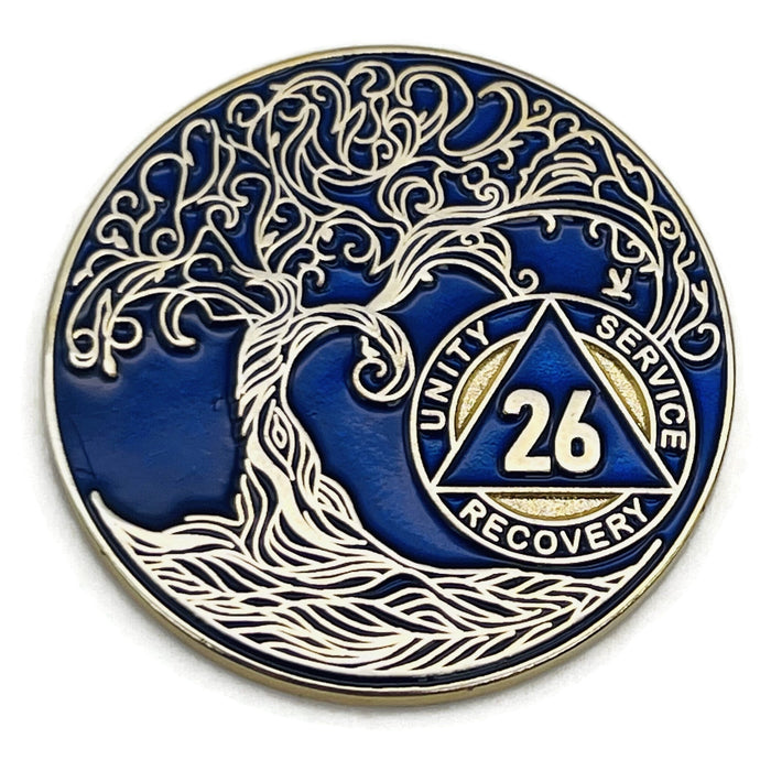 26 Year Sobriety Mint Twisted Tree of Life Gold Plated AA Recovery Medallion - Twenty Six Year Chip/Coin - Blue + Velvet Box